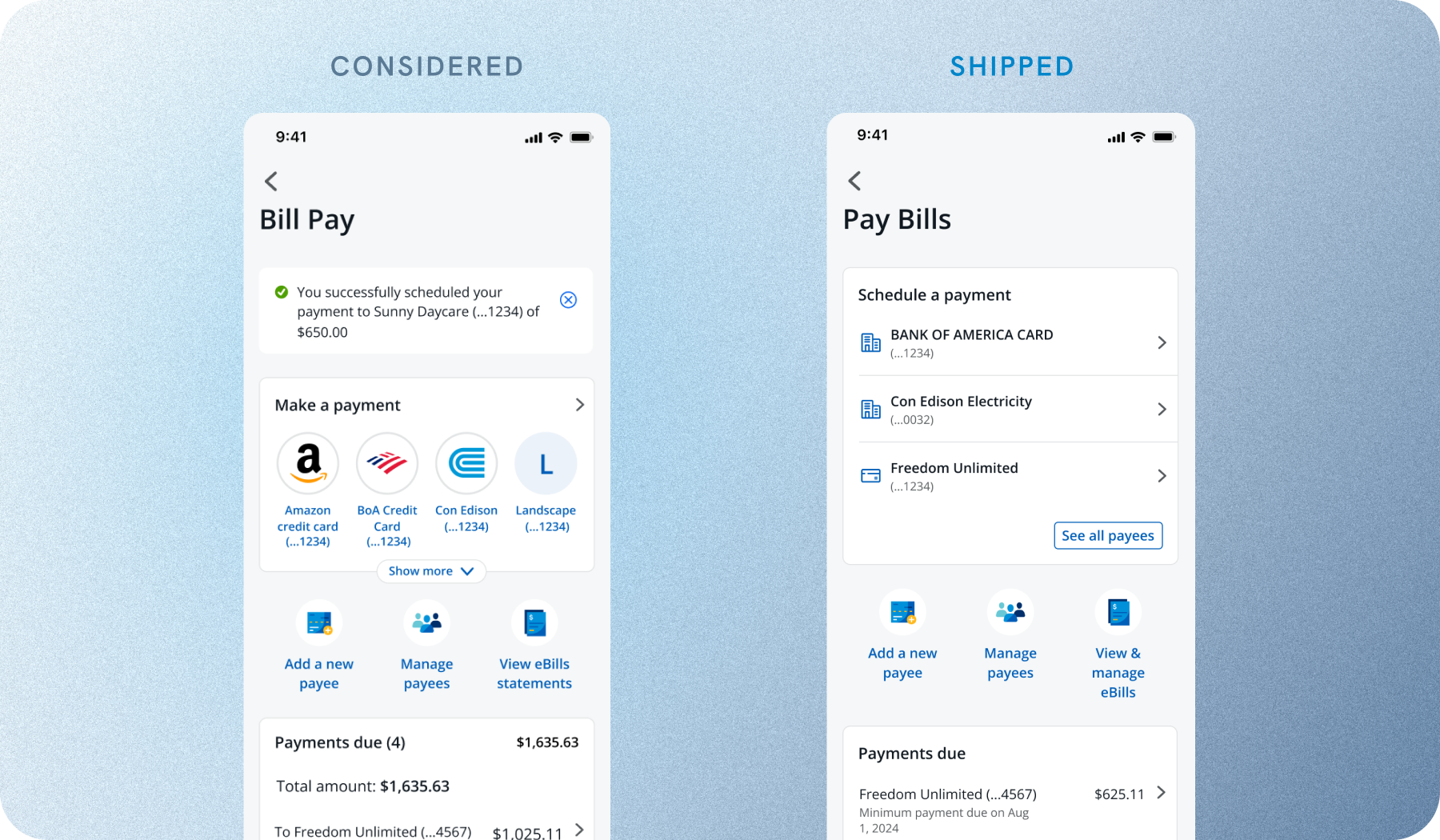 Considered vs. shipped Bill Pay landing page